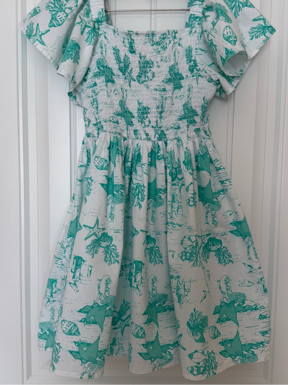 Shade Critters Girls Mermaid Toile Cotton Smocked Flutter Sleeve Dress XL (14)
